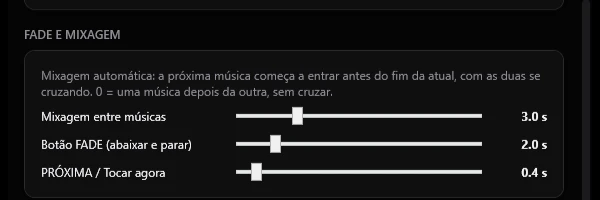 Ajustes de mixagem entre músicas, fade e próxima