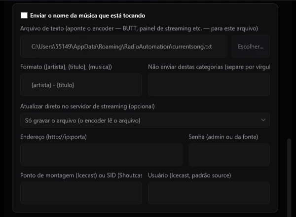 Envio do nome da música para Shoutcast e Icecast